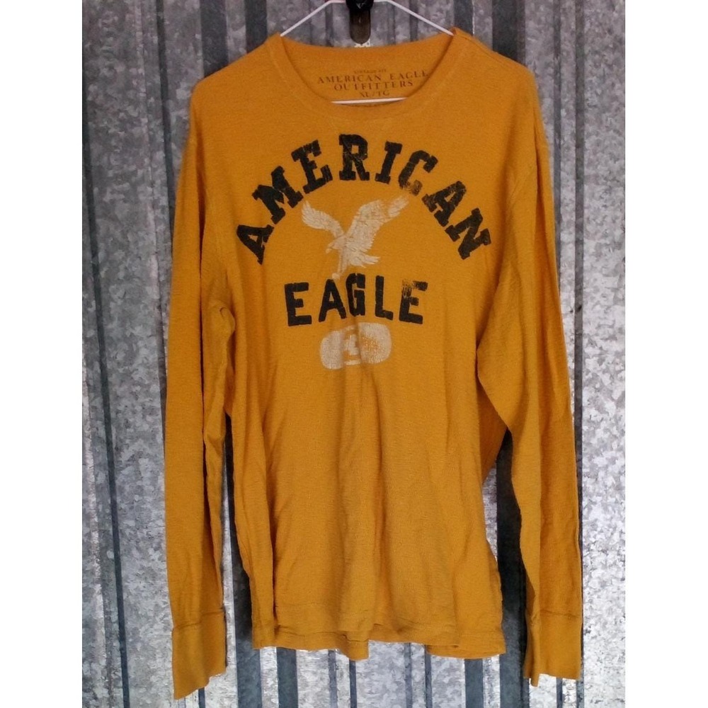 American Eagle Thermal Shirt Mens L Orange Waffle Knit Y2K Vintage Fit